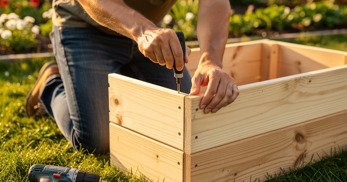 Hochbeet aus Holz wird Schritt fuer Schritt im Garten aufgebaut