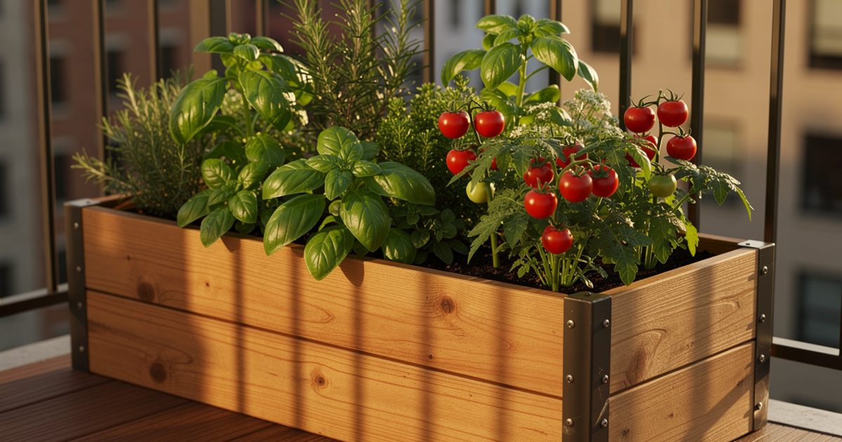 Kompaktes Hochbeet auf einem sonnigen Stadtbalkon mit Tomaten und Basilikum