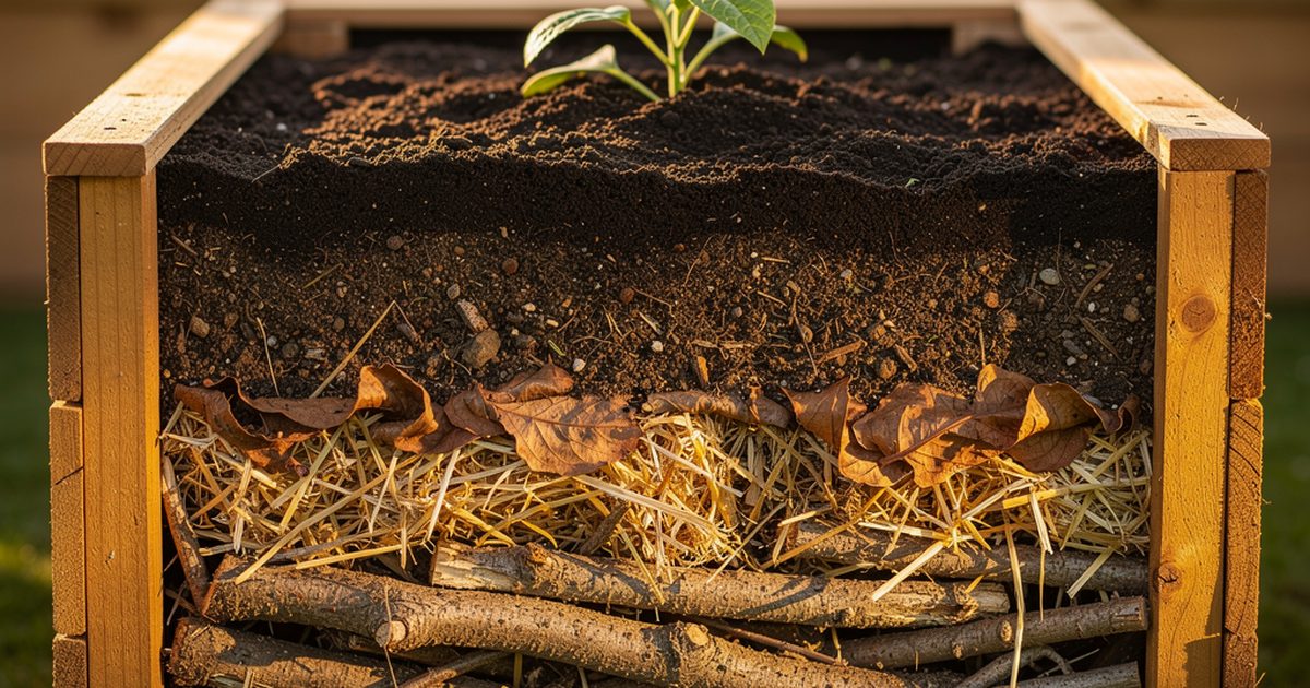 Hochbeet wird mit Schichten aus Aesten, Kompost und Pflanzerde befuellt