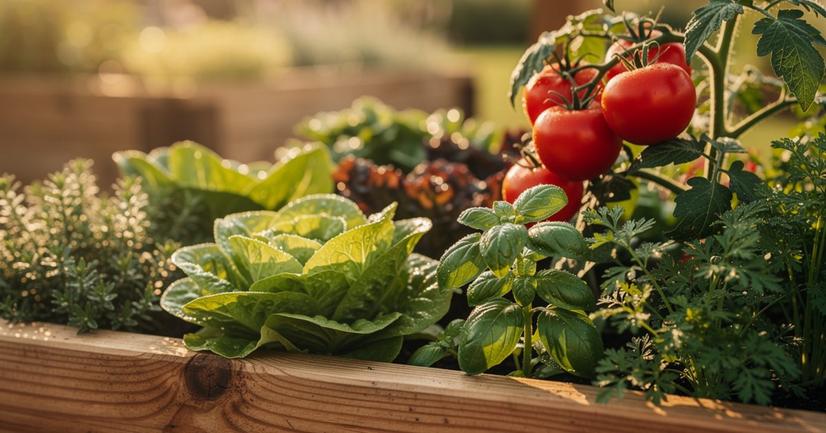 SIENA GARDEN Hochbeet Bodo aus Kiefernholz mit Tomaten, Salat und Basilikum bepflanzt