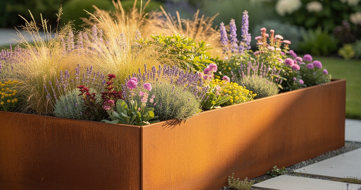 Cortenstahl-Hochbeet mit rostiger Patina und gruenen Pflanzen auf Kiesbeet