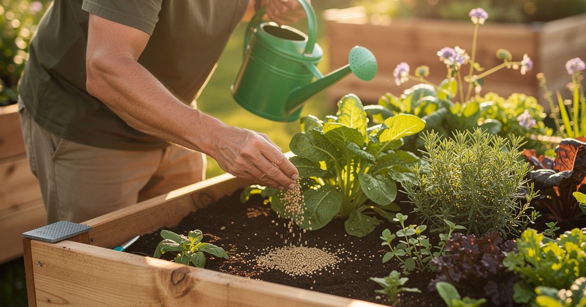 Organischer Duenger wird auf Hochbeet-Erde mit Gemuese aufgebracht