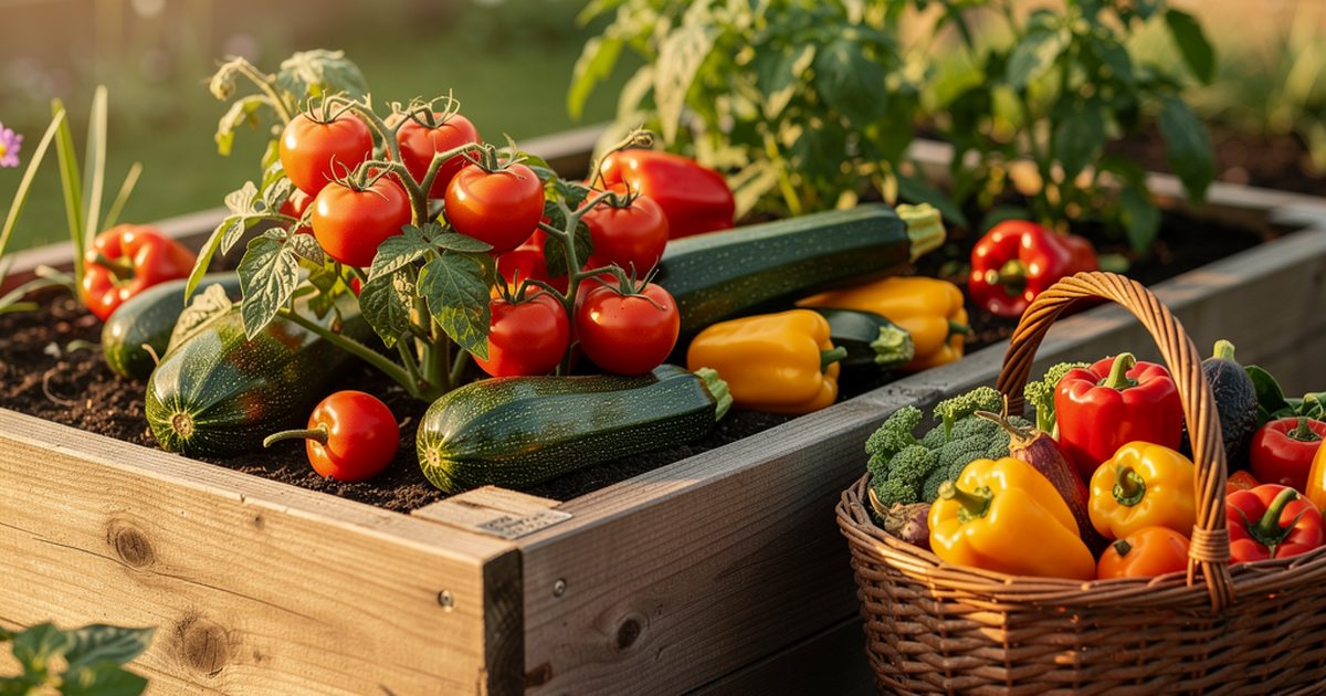 Hochbeet voller Gemuese - Tomaten, Paprika, Zucchini und Salat in Mischkultur