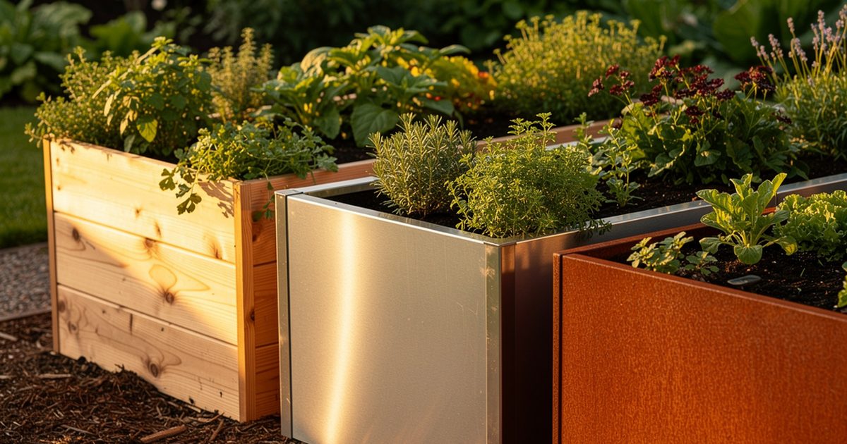 Drei Hochbeete aus Holz, Edelstahl und Cortenstahl nebeneinander in einem Schrebergarten