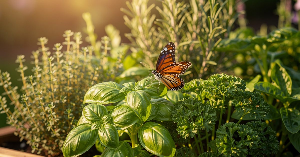 Kraeuterhochbeet mit Basilikum, Rosmarin, Thymian und Petersilie in der Sonne