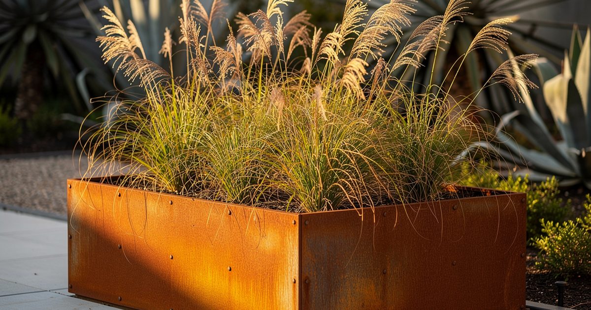 Hochbeete aus Metall und Stahl in Anthrazit mit Gemuese im modernen Garten