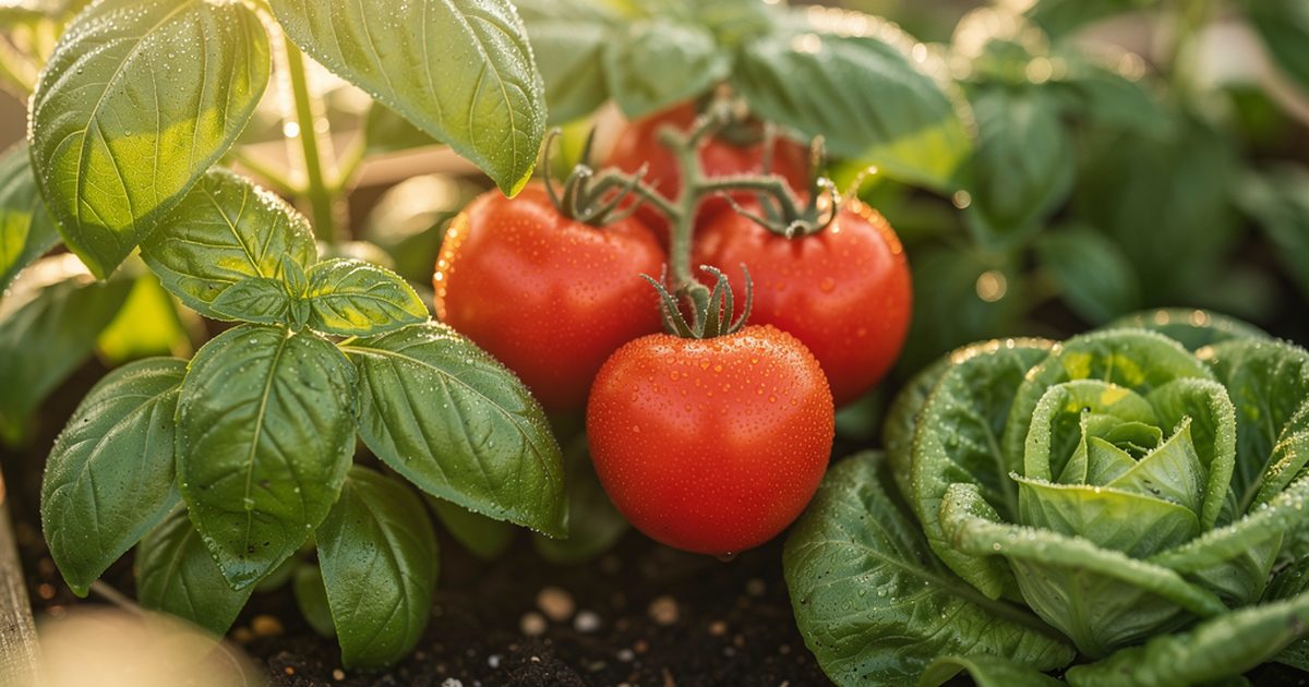 Verschiedene Pflanzen im Hochbeet - Gemuese, Krauter und Blumen in Mischkultur