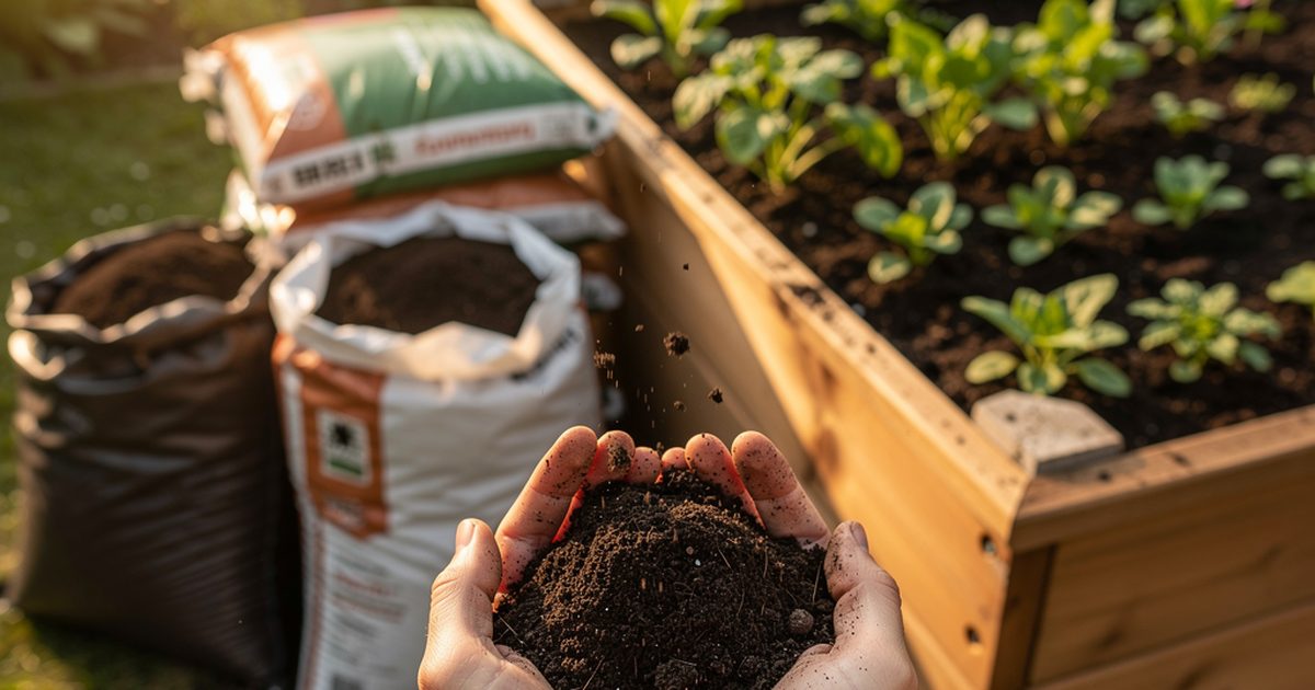 Hochbeet-Erde wird in ein Holzhochbeet geschuettet - lockere Bio-Pflanzerde