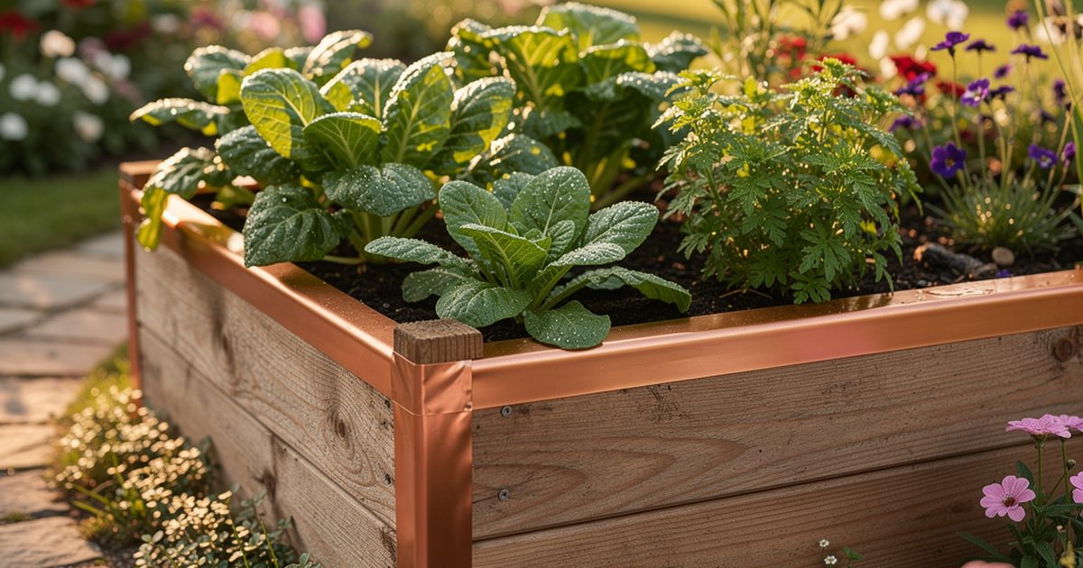 Hochbeet mit Schneckenschutz-Kupferband und gesunden Salatpflanzen ohne Frass