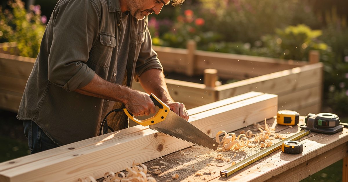 Hochbeet selber bauen aus Holzplanken - Werkzeug und Materialien bereitgelegt