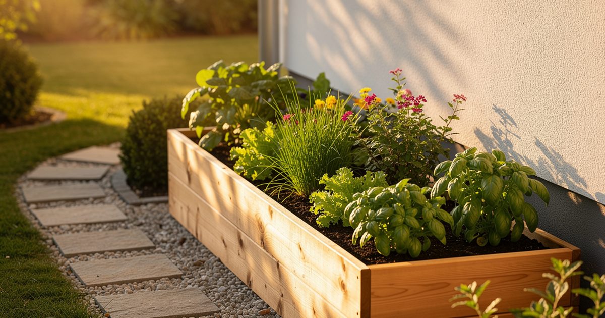 Hochbeet am idealen Standort - sonnige Suedseite im Garten mit Morgenlicht