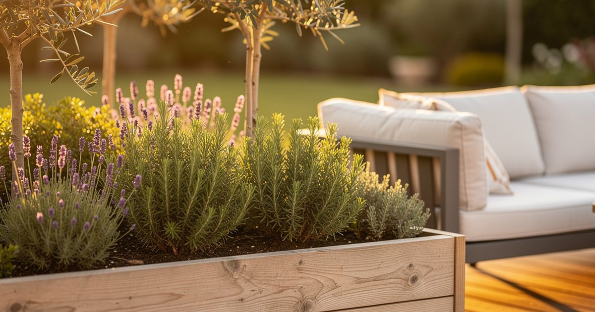 Hochbeet aus Laerchenholz auf einer Holzterrasse mit Abendlicht und Kraeutern