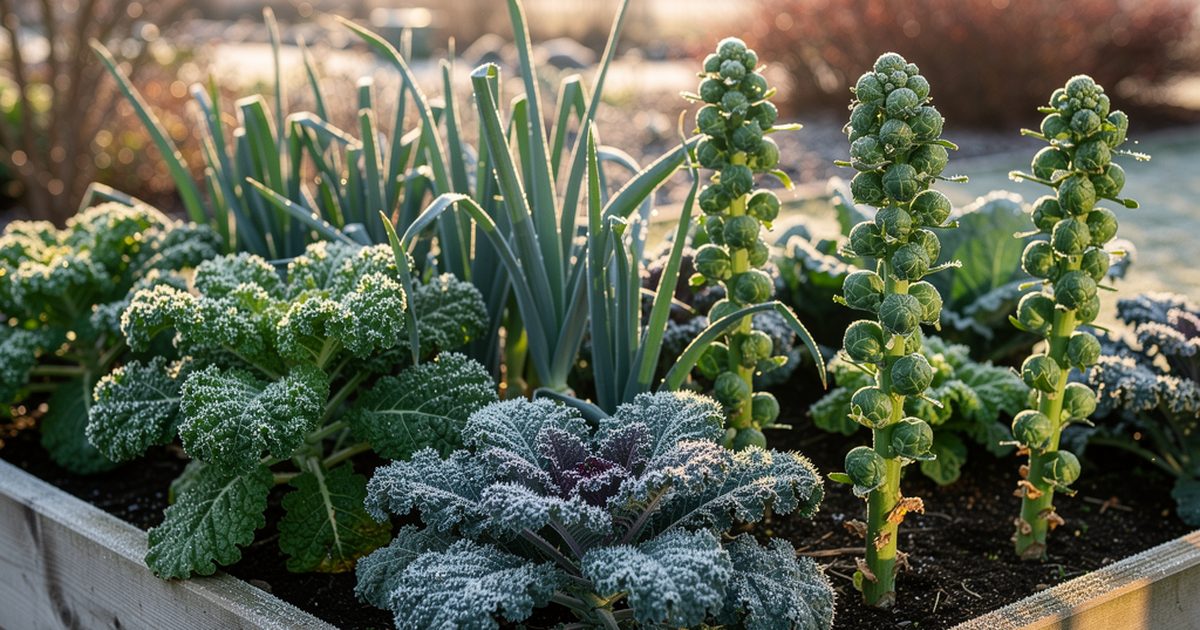 Wintergemuese im Hochbeet unter leichtem Frost - Gruenkohl, Feldsalat und Spinat