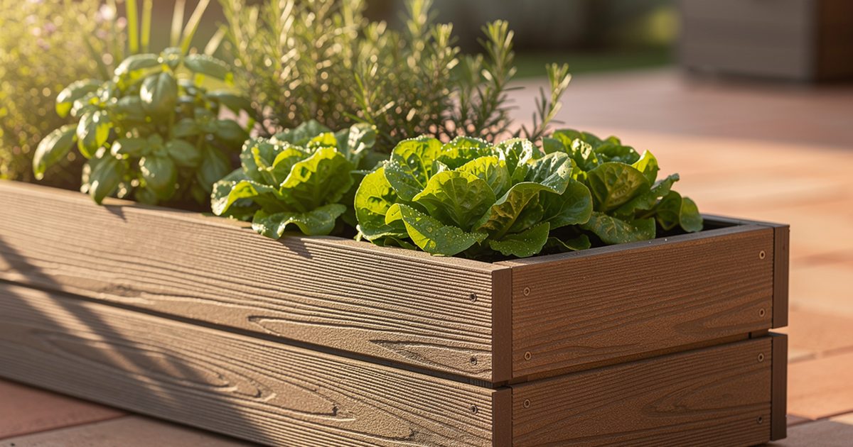 WPC-Hochbeet in Holzoptik auf gepflegtem Rasen mit Kraeutern und Blumen