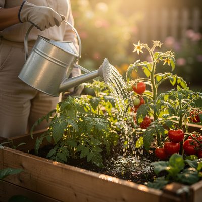 Bewaesserung und Giessen im Hochbeet Hochbeet-Bewaesserung - Giesskanne waessert Tomaten und Kraeuter im Holzhochbeet