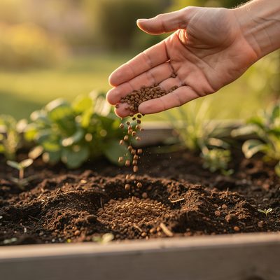 Duenger und Naehrstoffe fuers Hochbeet Bio-Duenger fuer Hochbeete - Hochbeeterde wird aus Jutesack ins Beet geschuettet