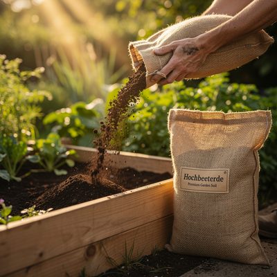 Erde und Substrat fuers Hochbeet Hochbeet-Erde und Substrat - Hand streut organischen Duenger auf Beeterde