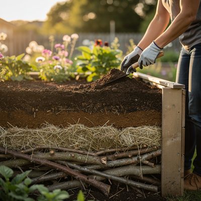 Hochbeet richtig befuellen - Schichtaufbau Anleitung Hochbeet befuellen - die 5 Erdschichten von Drainage bis Pflanzerde im Querschnitt