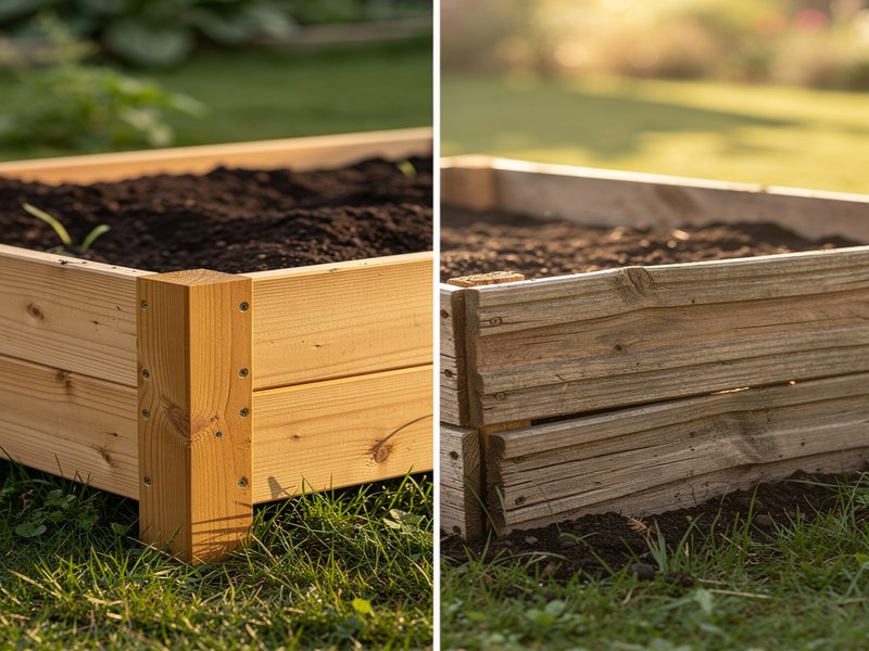 Hochbeet selber bauen - Vergleich neues Fichtenholz und verwittertes Holz im Garten