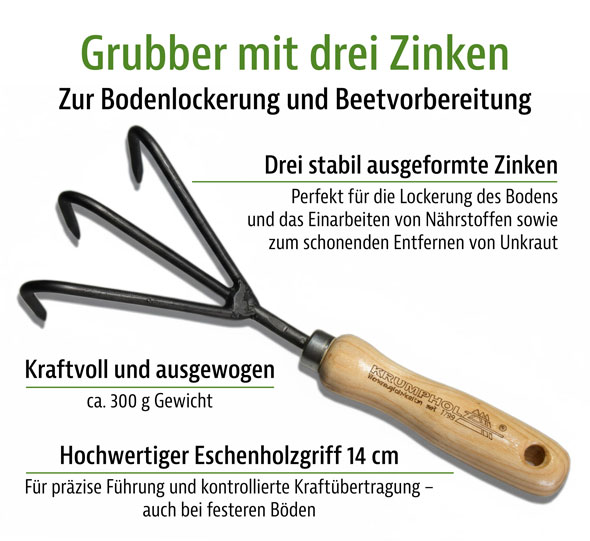 Krumpholz Grubber 3 Zinken mit Eschengriff – handgeschmiedeter Kultivator
