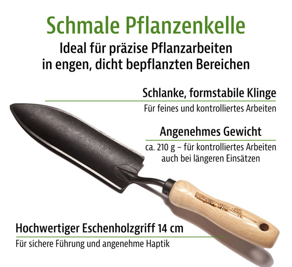 Krumpholz Pflanzenkelle schmal mit Eschengriff – handgeschmiedete Pflanzkelle