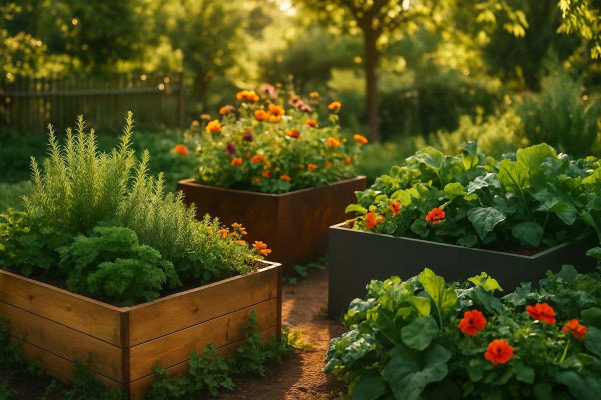 Verschiedene Hochbeete aus Holz und Cortenstahl in einem bepflanzten Garten bei Abendsonne